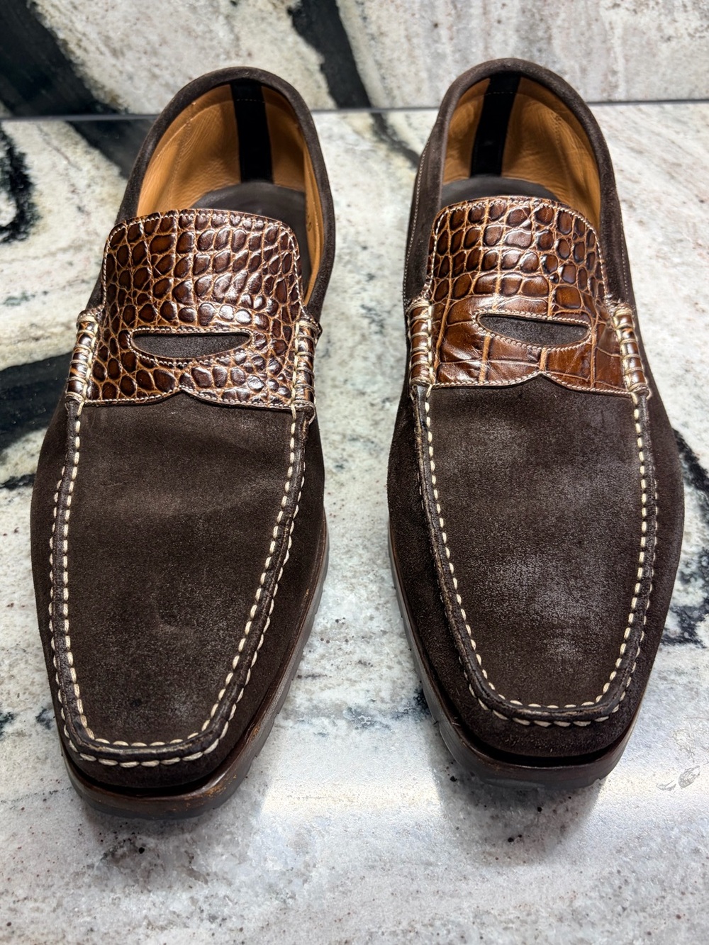 Santoni Espresso Suede & Crocodile Penny Loafers Made in Italy UK 9